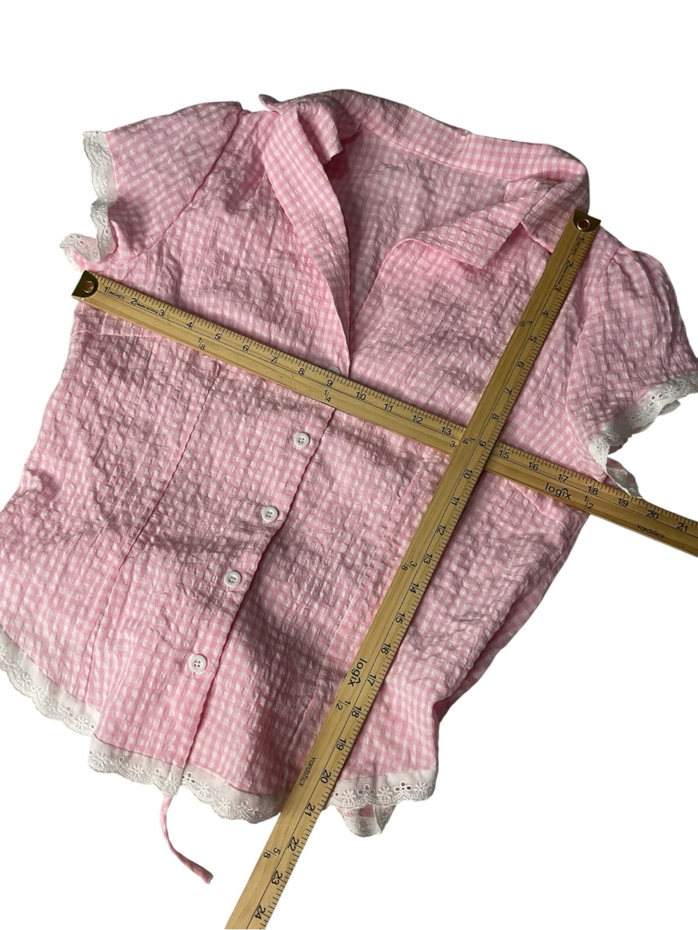 Pink Gingham Lace Trim Tie Back Blouse Cottagecore Coquette Top Medium - Picture 4 of 5